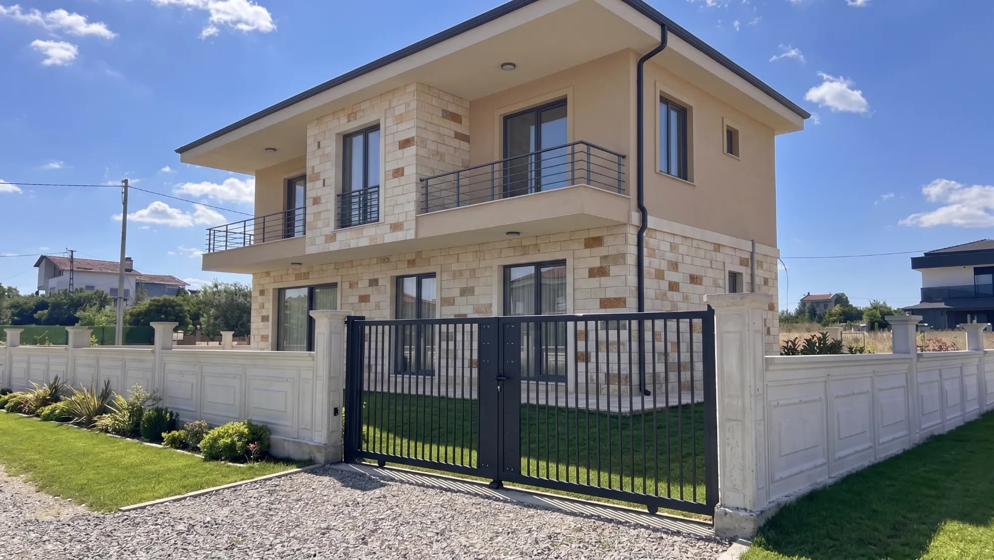 Akşam aydınlatmasıyla modern iki katlı müstakil villa cephesi ve peyzajlı bahçe — Gümüşyaka Müstakil Konut Projesi