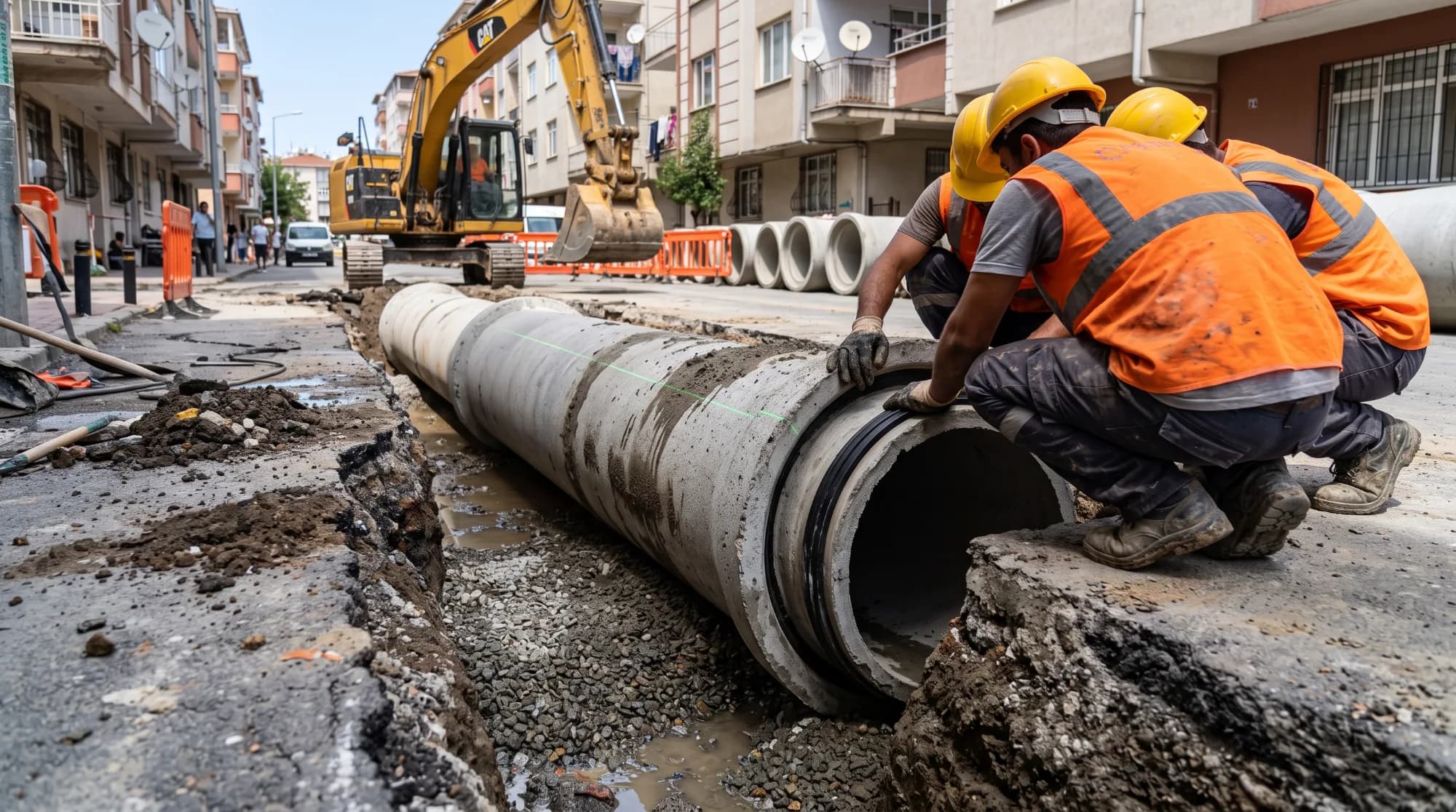 Sokakta açılan hendeğe beton kanalizasyon borusunun yerleştirilmesi; iki işçi boruyu hizalarken arkada ekskavatör bekliyor.